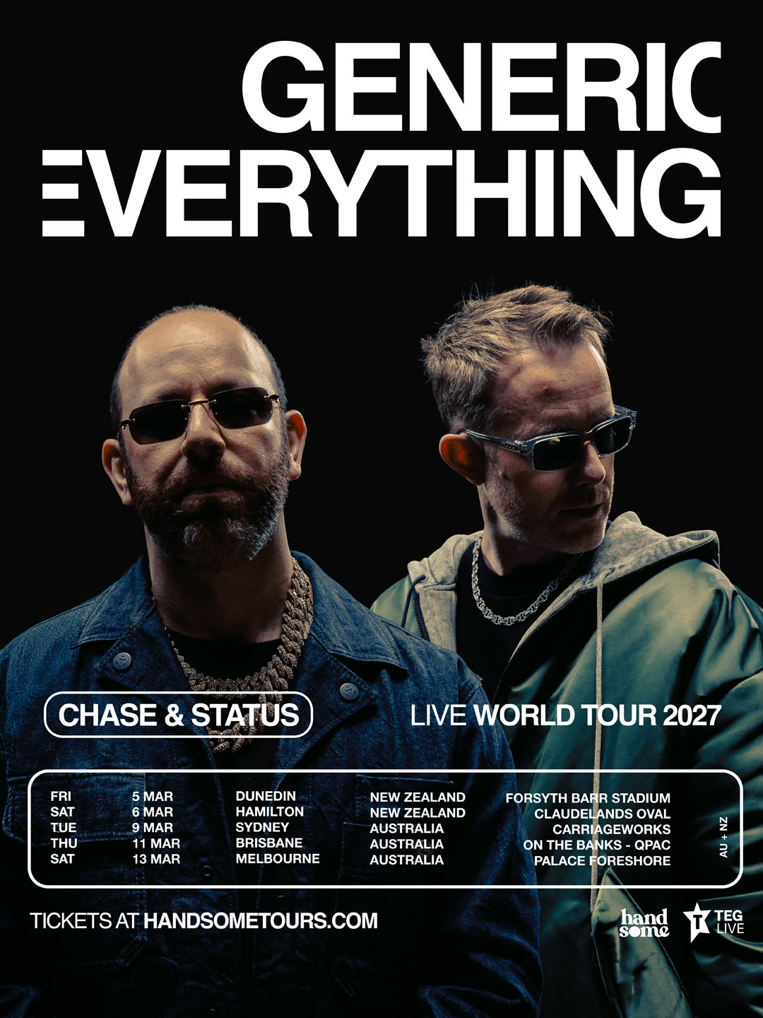 Chase & Status Live World Tour 2027 poster featuring band members and concert dates in Australia and New Zealand.